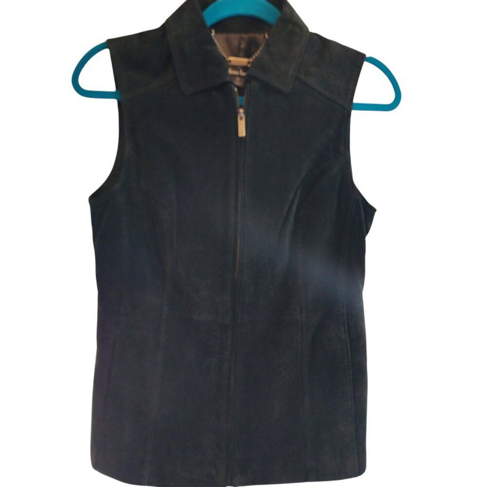 DENNIS BASSO BY DENNIS BASSO BLACK LEATHER SUEDE ZIP VEST SIZE XS POCKETS LINED